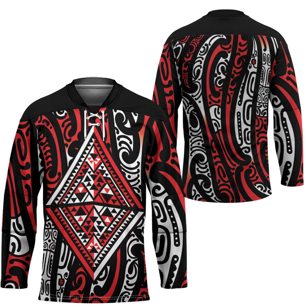 New Zealand Maori Taniko Hockey Jersey Red Kowhaiwhai Puhoro - Aussie Hoodie