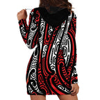 New Zealand Maori Taniko Hoodie Dress Red Kowhaiwhai Puhoro