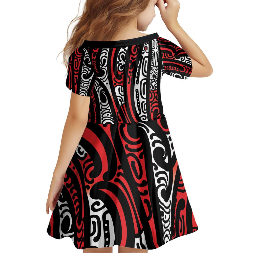 New Zealand Maori Taniko Kid Short Sleeve Dress Red Kowhaiwhai Puhoro