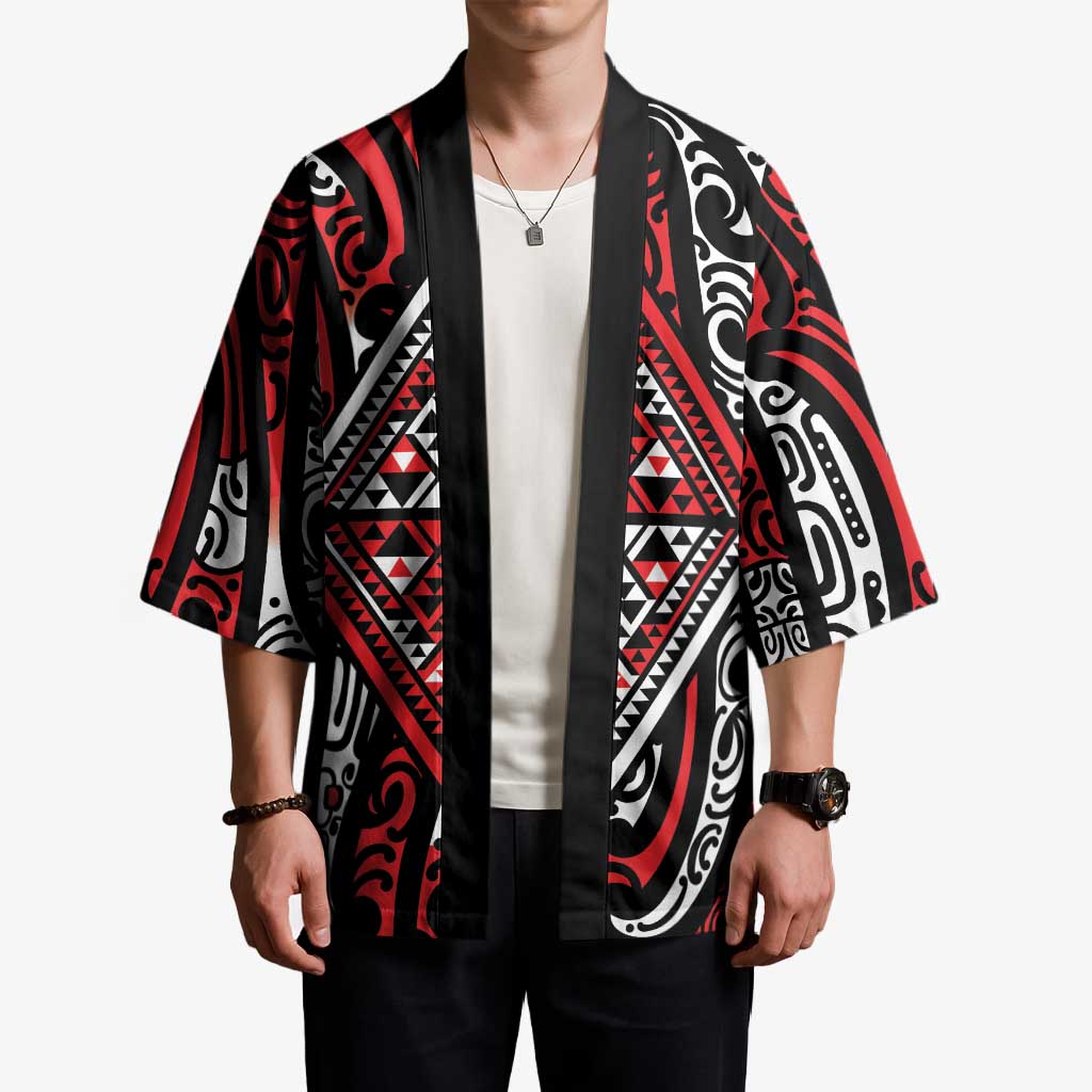 New Zealand Maori Taniko Kimono Red Kowhaiwhai Puhoro - Aussie Hoodie