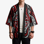 New Zealand Maori Taniko Kimono Red Kowhaiwhai Puhoro - Aussie Hoodie