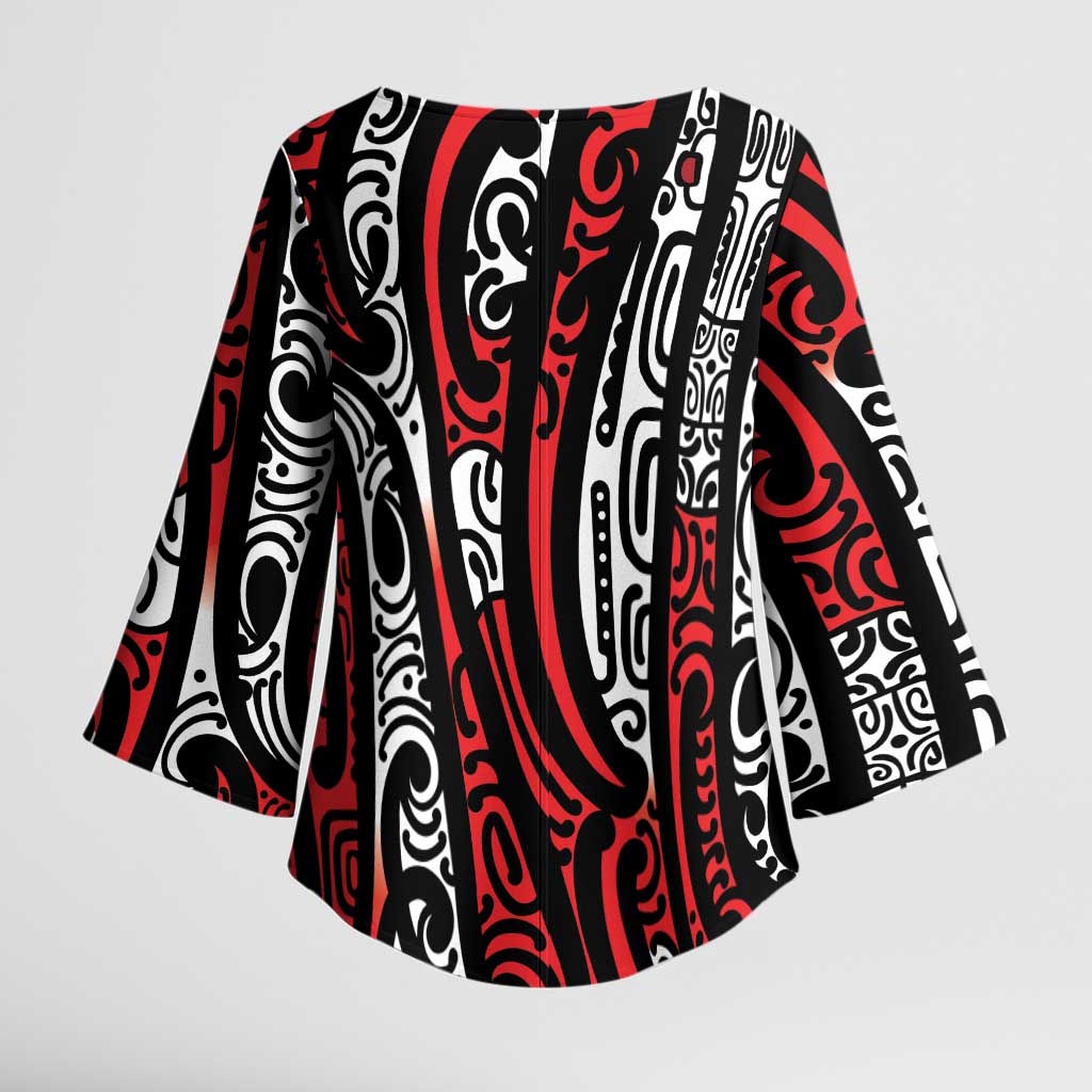 New Zealand Maori Taniko Kimono Sleeve Blouse Red Kowhaiwhai Puhoro - Aussie Hoodie
