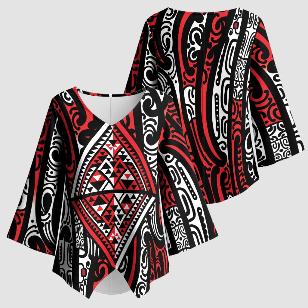 New Zealand Maori Taniko Kimono Sleeve Blouse Red Kowhaiwhai Puhoro - Aussie Hoodie