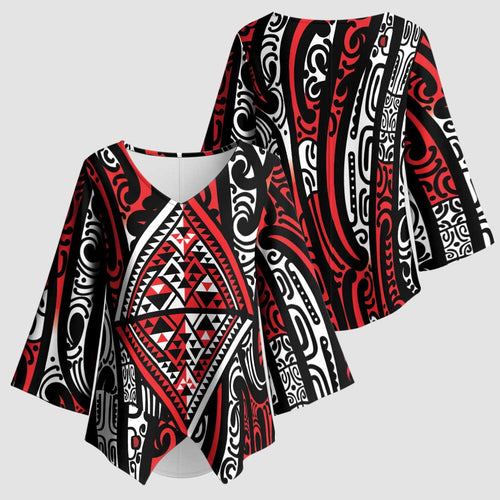 New Zealand Maori Taniko Kimono Sleeve Blouse Red Kowhaiwhai Puhoro - Aussie Hoodie