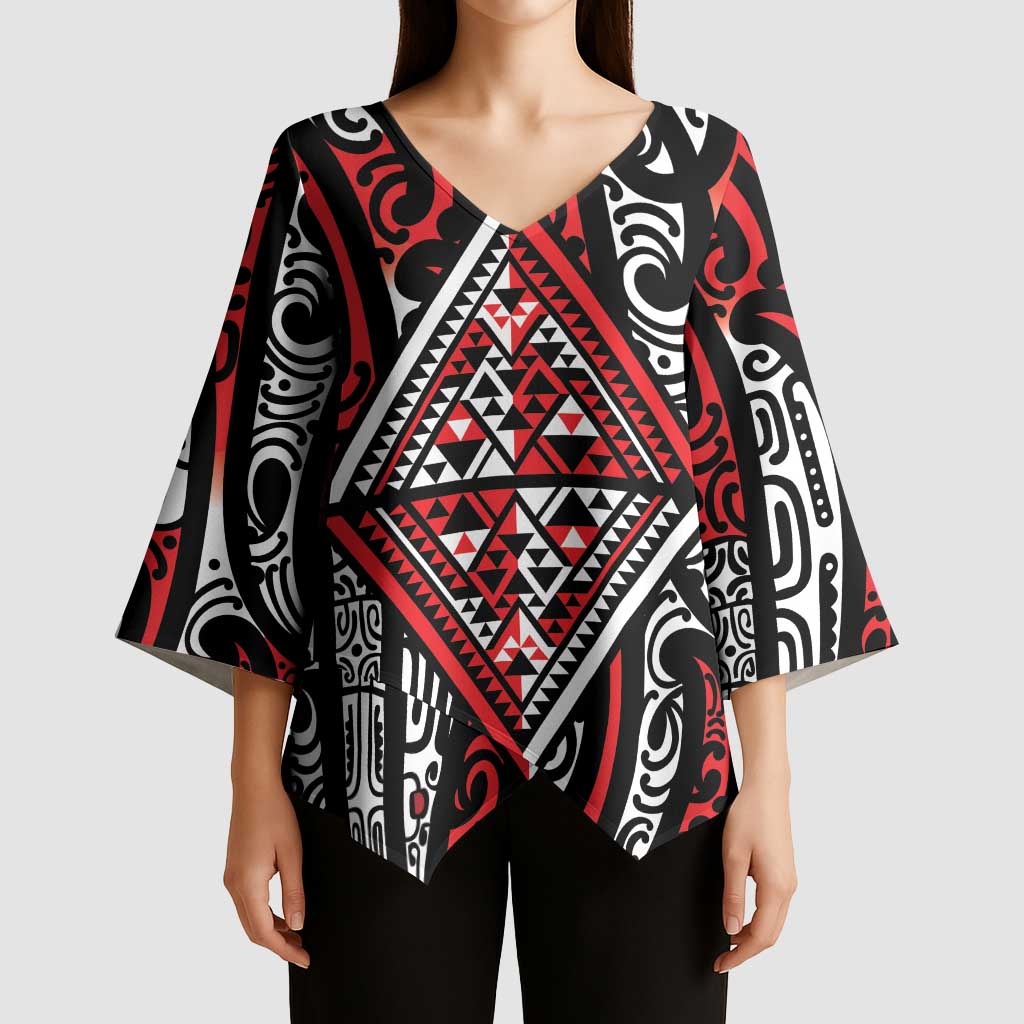 New Zealand Maori Taniko Kimono Sleeve Blouse Red Kowhaiwhai Puhoro - Aussie Hoodie
