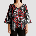 New Zealand Maori Taniko Kimono Sleeve Blouse Red Kowhaiwhai Puhoro - Aussie Hoodie