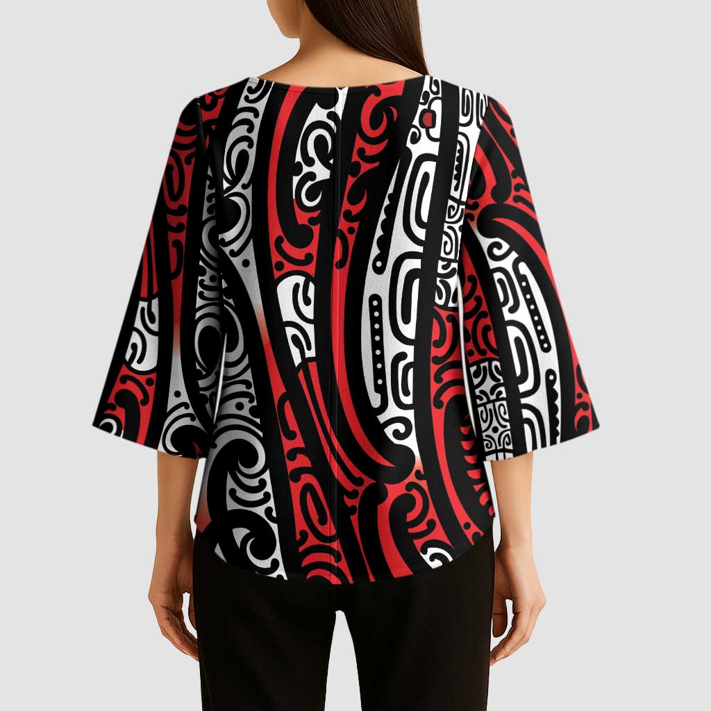 New Zealand Maori Taniko Kimono Sleeve Blouse Red Kowhaiwhai Puhoro - Aussie Hoodie