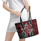 New Zealand Maori Taniko Leather Tote Bag Red Kowhaiwhai Puhoro
