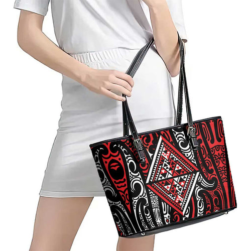 New Zealand Maori Taniko Leather Tote Bag Red Kowhaiwhai Puhoro