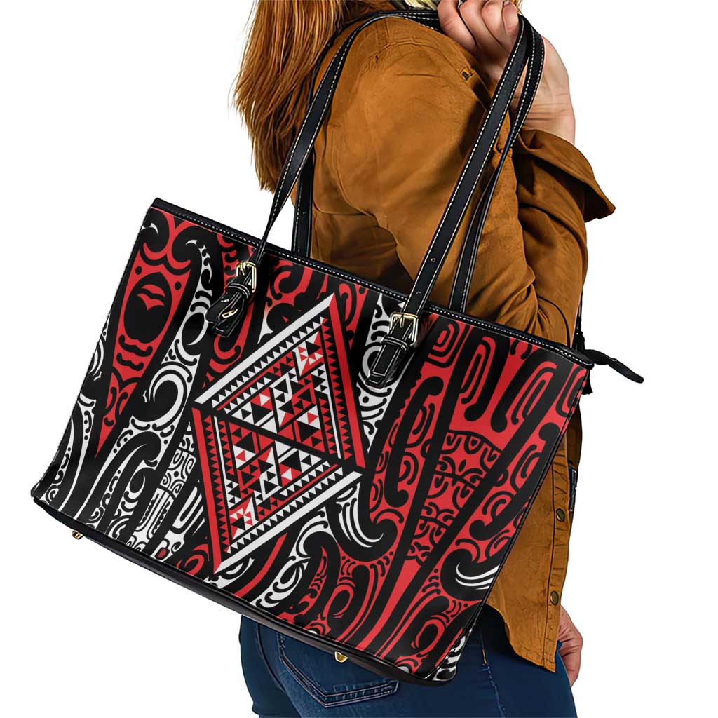New Zealand Maori Taniko Leather Tote Bag Red Kowhaiwhai Puhoro