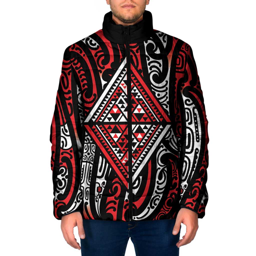 New Zealand Maori Taniko Padded Jacket Red Kowhaiwhai Puhoro - Aussie Hoodie