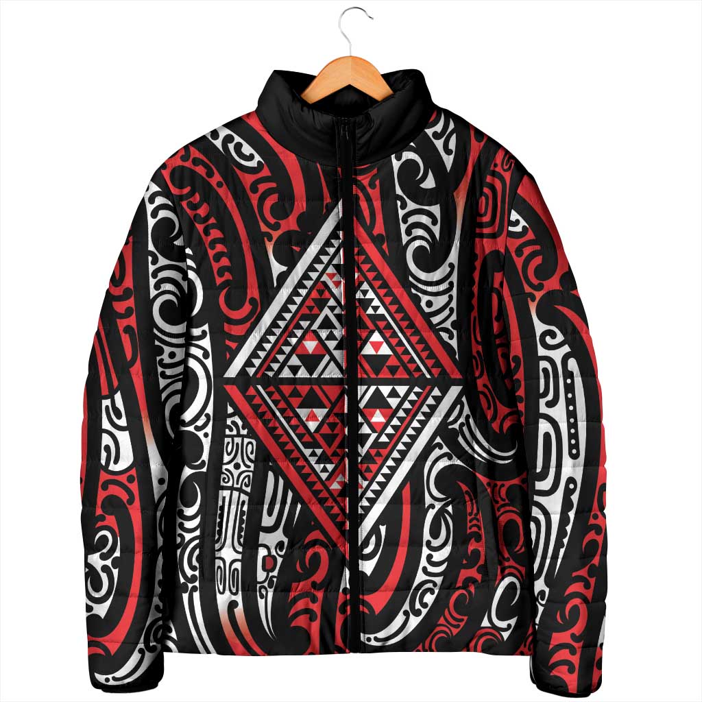 New Zealand Maori Taniko Padded Jacket Red Kowhaiwhai Puhoro - Aussie Hoodie