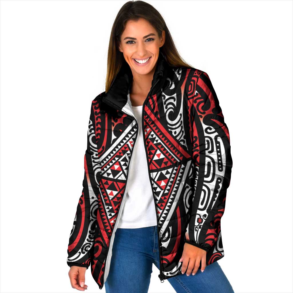 New Zealand Maori Taniko Padded Jacket Red Kowhaiwhai Puhoro - Aussie Hoodie