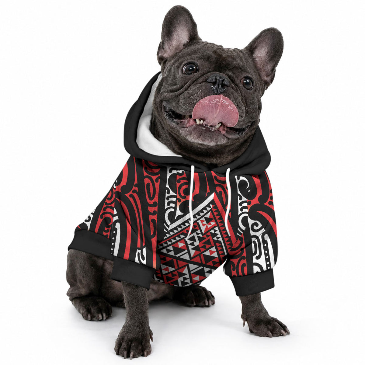 New Zealand Maori Taniko Pet Hoodie Red Kowhaiwhai Puhoro