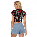 New Zealand Maori Taniko Raglan Cropped T Shirt Red Kowhaiwhai Puhoro