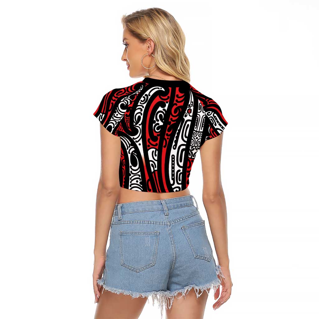 New Zealand Maori Taniko Raglan Cropped T Shirt Red Kowhaiwhai Puhoro