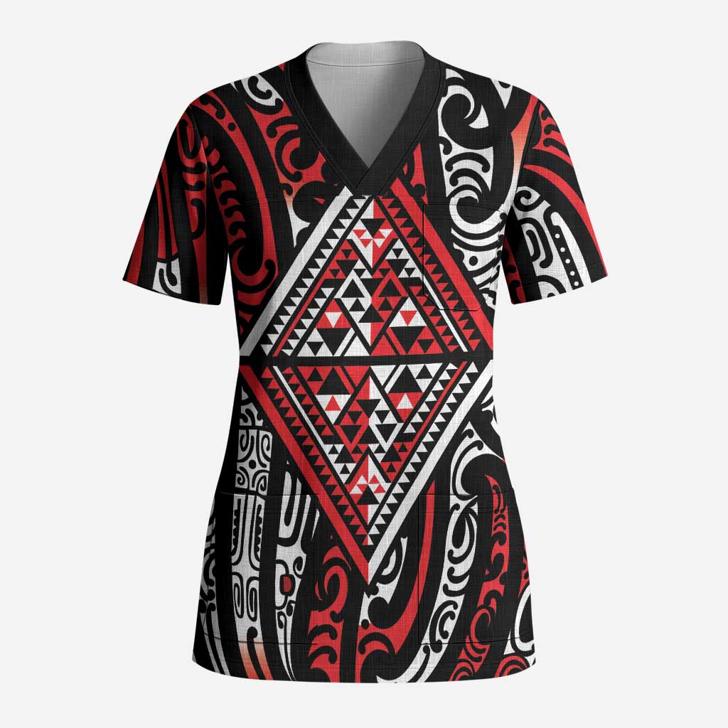 New Zealand Maori Taniko Scrub Top Red Kowhaiwhai Puhoro - Aussie Hoodie