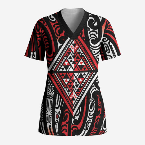 New Zealand Maori Taniko Scrub Top Red Kowhaiwhai Puhoro - Aussie Hoodie