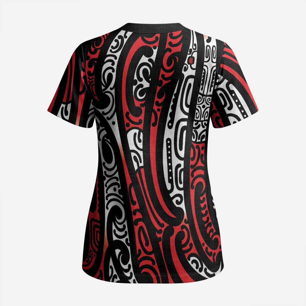 New Zealand Maori Taniko Scrub Top Red Kowhaiwhai Puhoro - Aussie Hoodie