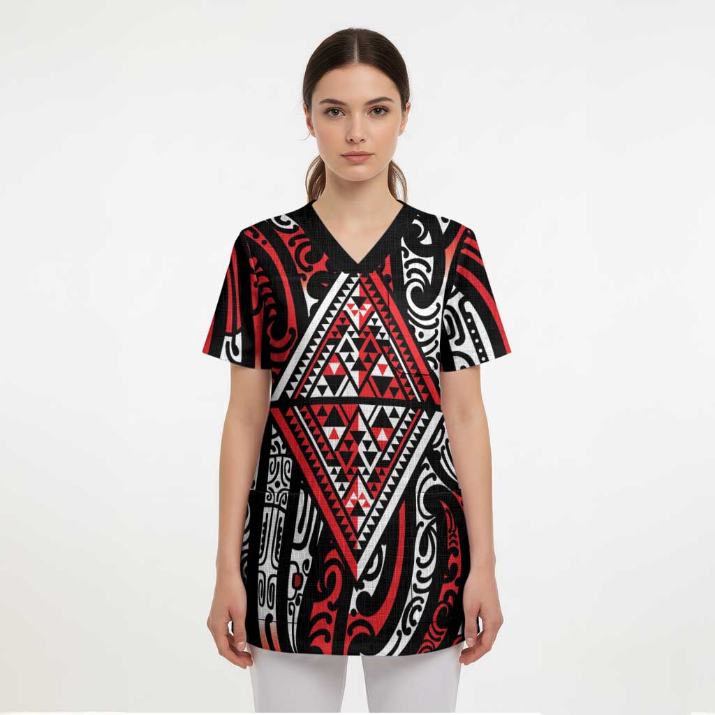 New Zealand Maori Taniko Scrub Top Red Kowhaiwhai Puhoro - Aussie Hoodie