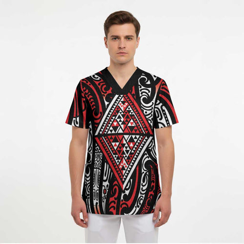 New Zealand Maori Taniko Scrub Top Red Kowhaiwhai Puhoro - Aussie Hoodie