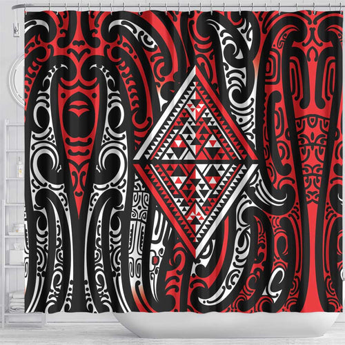 New Zealand Maori Taniko Shower Curtain Red Kowhaiwhai Puhoro