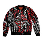New Zealand Maori Taniko Sleeve Zip Bomber Jacket Red Kowhaiwhai Puhoro