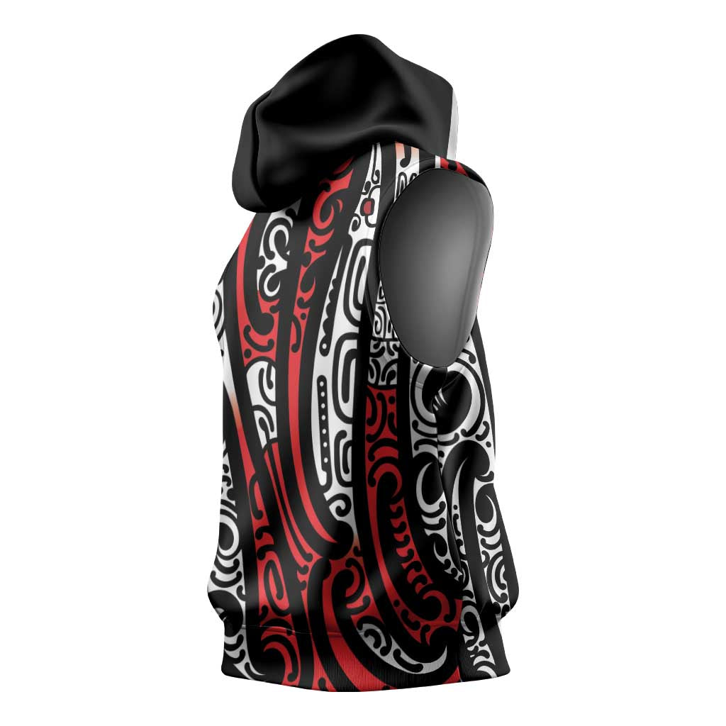 New Zealand Maori Taniko Sleeveless Hoodie Red Kowhaiwhai Puhoro - Aussie Hoodie