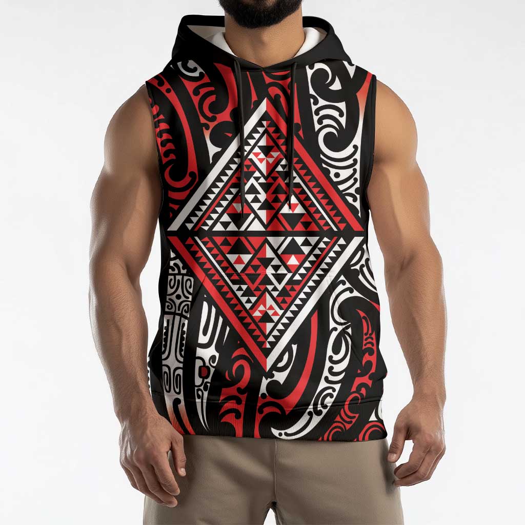 New Zealand Maori Taniko Sleeveless Hoodie Red Kowhaiwhai Puhoro - Aussie Hoodie