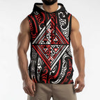 New Zealand Maori Taniko Sleeveless Hoodie Red Kowhaiwhai Puhoro - Aussie Hoodie