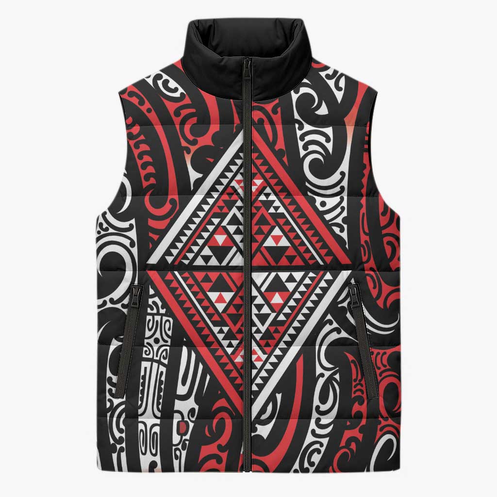 New Zealand Maori Taniko Sleeveless Puffer Jacket Red Kowhaiwhai Puhoro - Aussie Hoodie