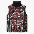 New Zealand Maori Taniko Sleeveless Puffer Jacket Red Kowhaiwhai Puhoro - Aussie Hoodie
