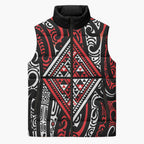 New Zealand Maori Taniko Sleeveless Puffer Jacket Red Kowhaiwhai Puhoro - Aussie Hoodie
