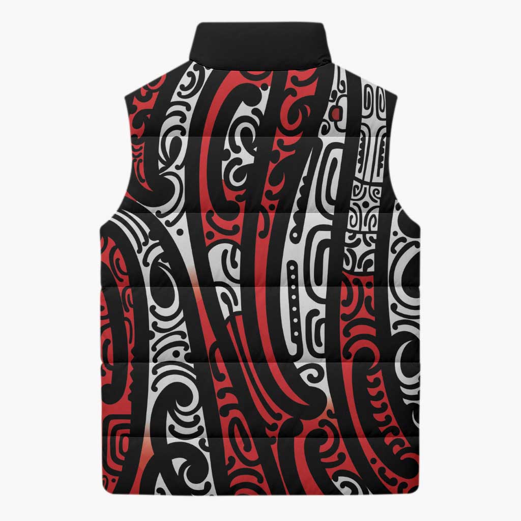 New Zealand Maori Taniko Sleeveless Puffer Jacket Red Kowhaiwhai Puhoro - Aussie Hoodie