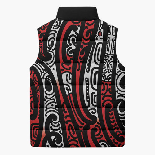 New Zealand Maori Taniko Sleeveless Puffer Jacket Red Kowhaiwhai Puhoro - Aussie Hoodie