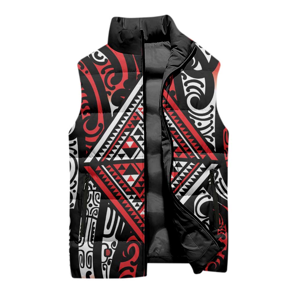 New Zealand Maori Taniko Sleeveless Puffer Jacket Red Kowhaiwhai Puhoro - Aussie Hoodie