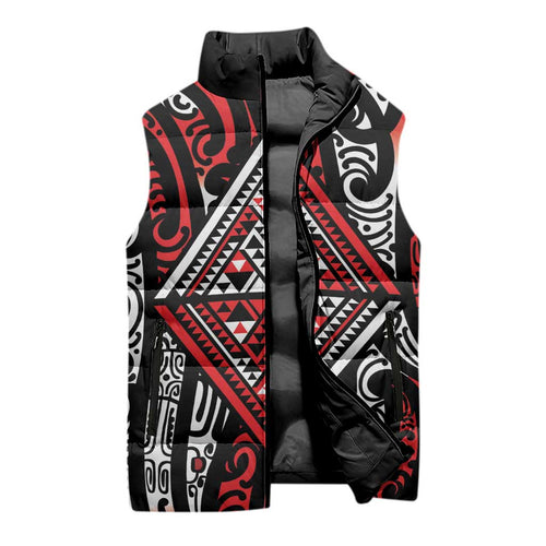 New Zealand Maori Taniko Sleeveless Puffer Jacket Red Kowhaiwhai Puhoro - Aussie Hoodie