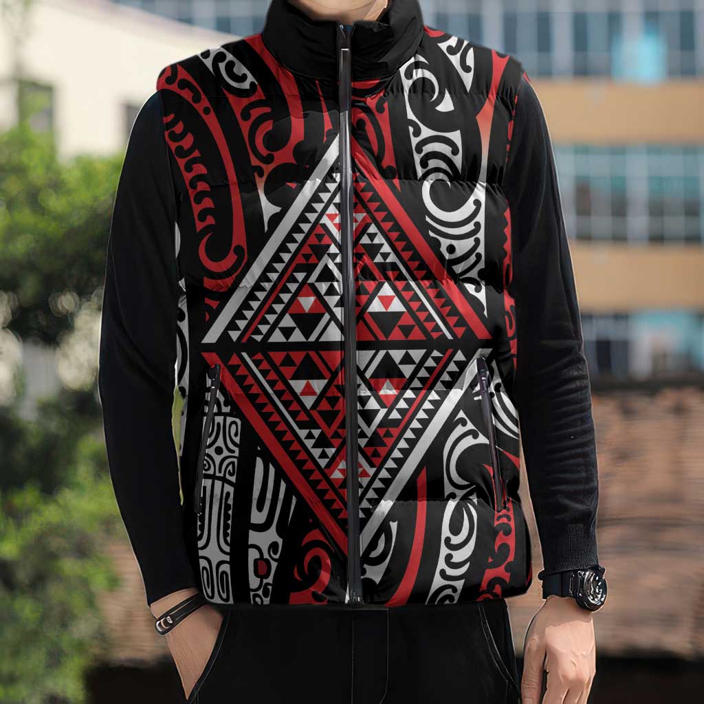 New Zealand Maori Taniko Sleeveless Puffer Jacket Red Kowhaiwhai Puhoro - Aussie Hoodie