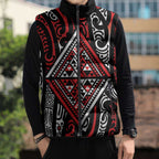 New Zealand Maori Taniko Sleeveless Puffer Jacket Red Kowhaiwhai Puhoro - Aussie Hoodie