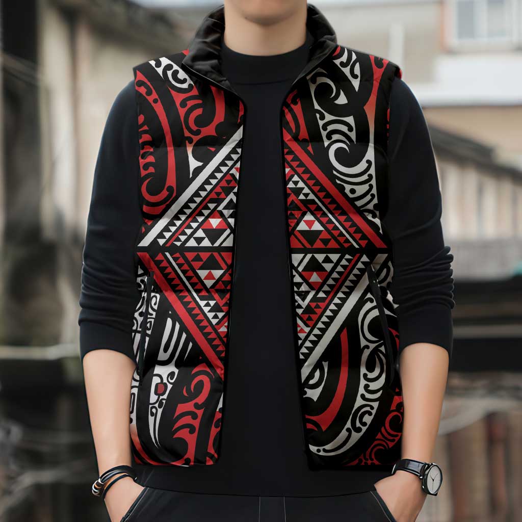 New Zealand Maori Taniko Sleeveless Puffer Jacket Red Kowhaiwhai Puhoro - Aussie Hoodie