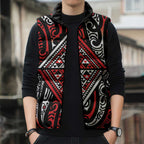 New Zealand Maori Taniko Sleeveless Puffer Jacket Red Kowhaiwhai Puhoro - Aussie Hoodie