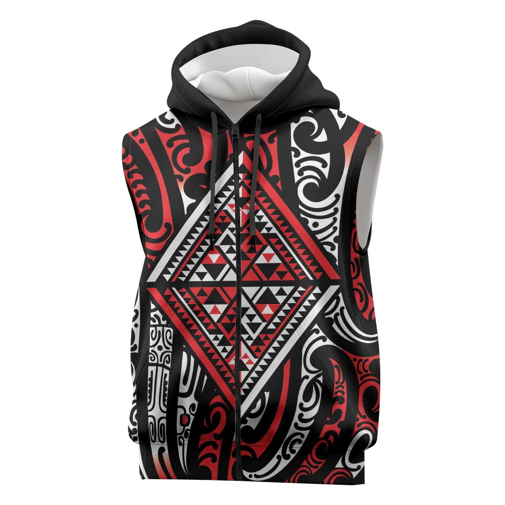 New Zealand Maori Taniko Sleeveless Zip Hoodie Red Kowhaiwhai Puhoro LT9