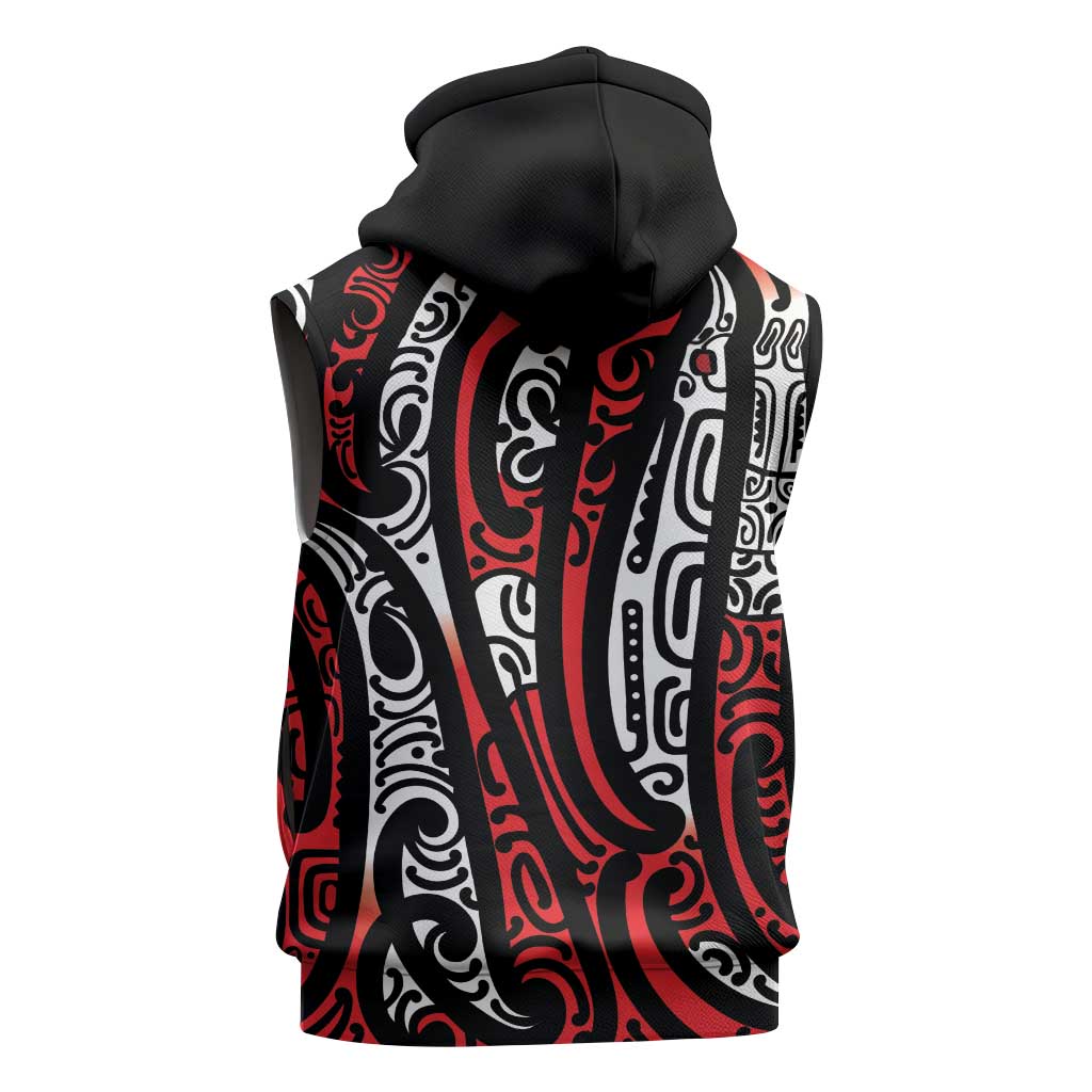 New Zealand Maori Taniko Sleeveless Zip Hoodie Red Kowhaiwhai Puhoro LT9