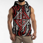 New Zealand Maori Taniko Sleeveless Zip Hoodie Red Kowhaiwhai Puhoro LT9