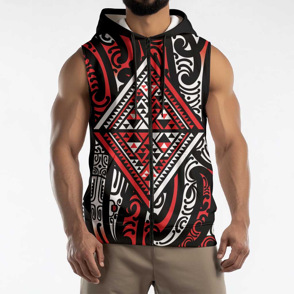 New Zealand Maori Taniko Sleeveless Zip Hoodie Red Kowhaiwhai Puhoro LT9