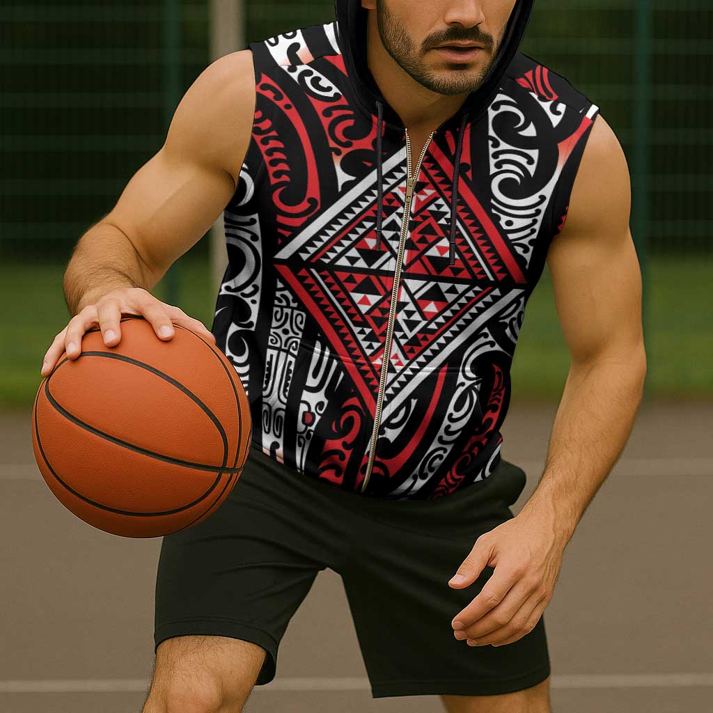 New Zealand Maori Taniko Sleeveless Zip Hoodie Red Kowhaiwhai Puhoro - Aussie Hoodie
