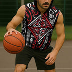 New Zealand Maori Taniko Sleeveless Zip Hoodie Red Kowhaiwhai Puhoro LT9