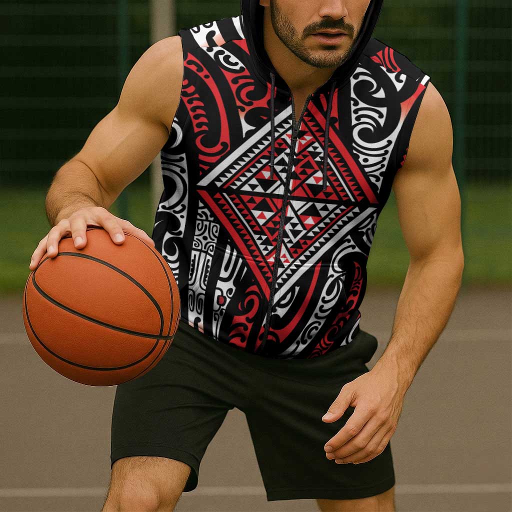 New Zealand Maori Taniko Sleeveless Zip Hoodie Red Kowhaiwhai Puhoro LT9