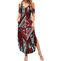 New Zealand Maori Taniko Summer Maxi Dress Red Kowhaiwhai Puhoro