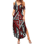 New Zealand Maori Taniko Summer Maxi Dress Red Kowhaiwhai Puhoro